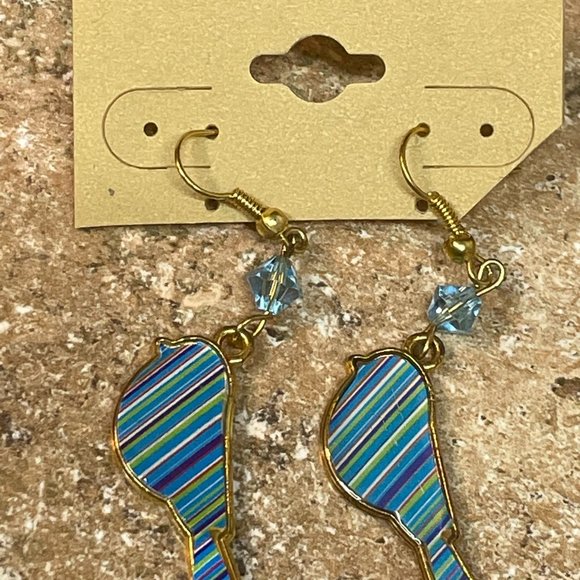 HANDMADE ARTISAN Blue Bird Striped Enamel Gold Tone Metal Earrings Dangle Hooks - Picture 5 of 6